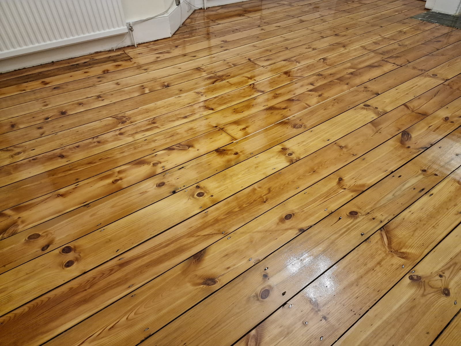 A newly refinished wooden floor in Kent, showcasing a glossy protective finish achieved through professional Wood Floor Sanding in Kent.
