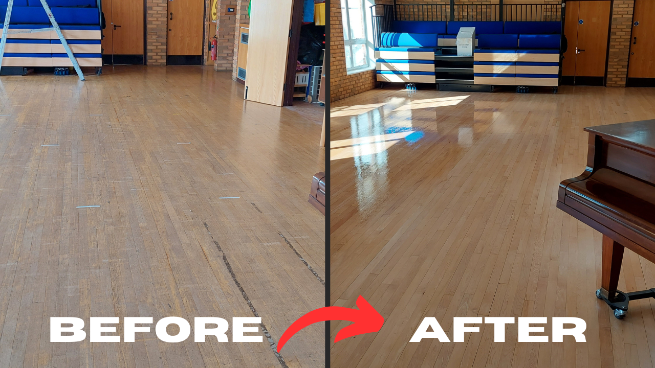 Before and after Commercial Oiling in Kent – transformation of a worn maple hardwood floor into a glossy, restored surface.
