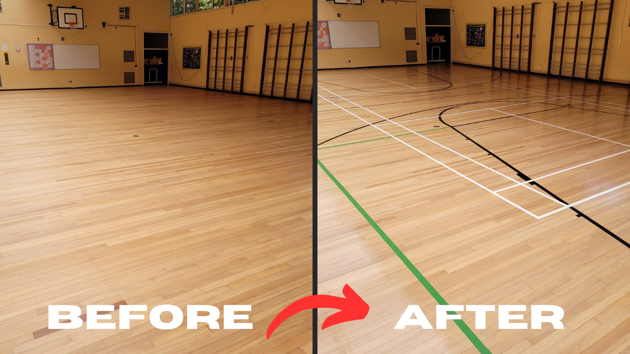 Commercial Oiling in Kent – before and after transformation of a maple hardwood sports hall floor with fresh oiling and new court markings.