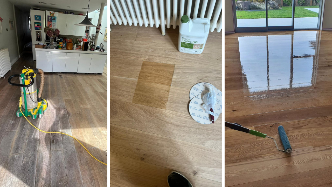 Commercial Oiling in Kent – engineered oak plank flooring being sanded, test-patched, and sealed to restore a smooth, glossy finish.