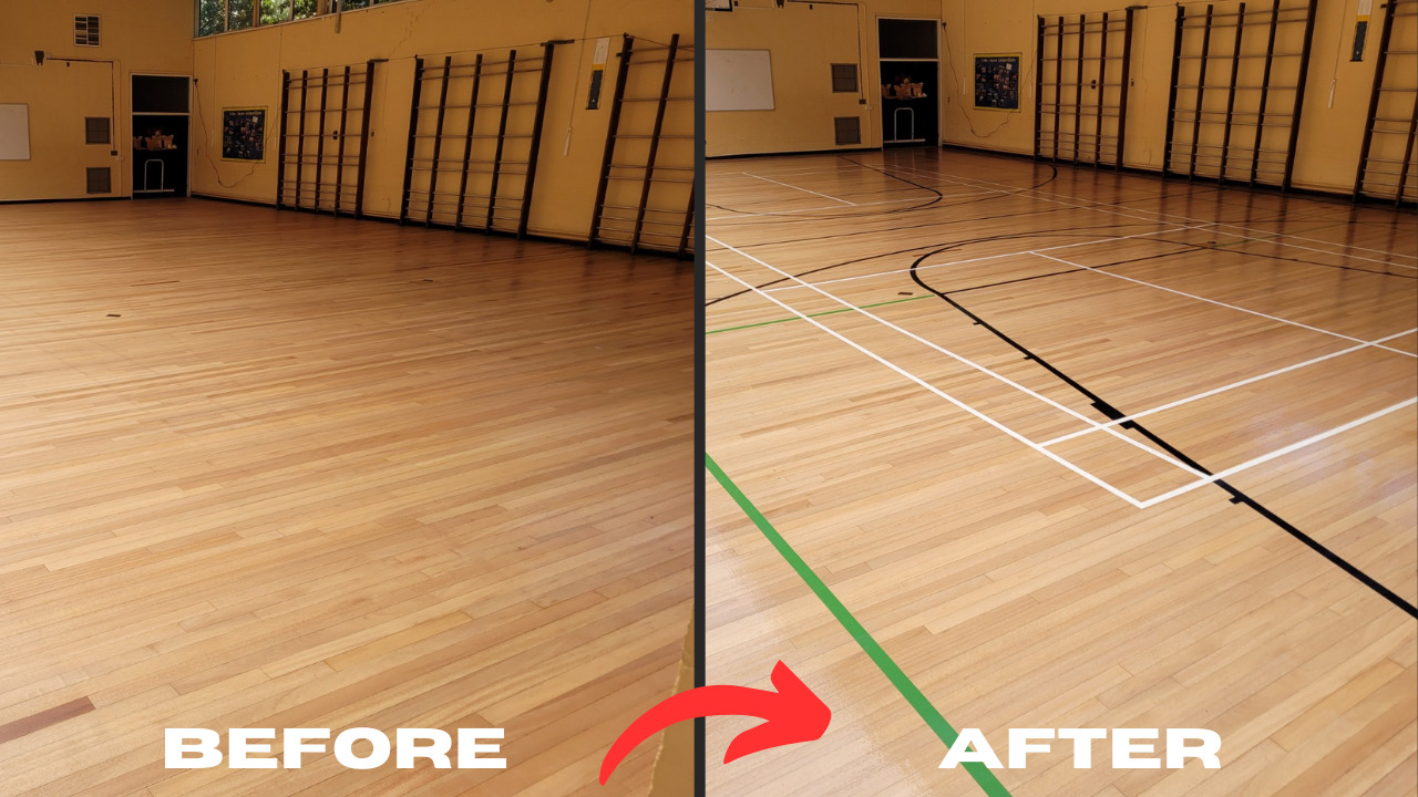 Commercial Floor Sanding in Kent – before and after of a school sports hall maple hardwood strip floor, sanded, refinished and lined for multi-sport use.