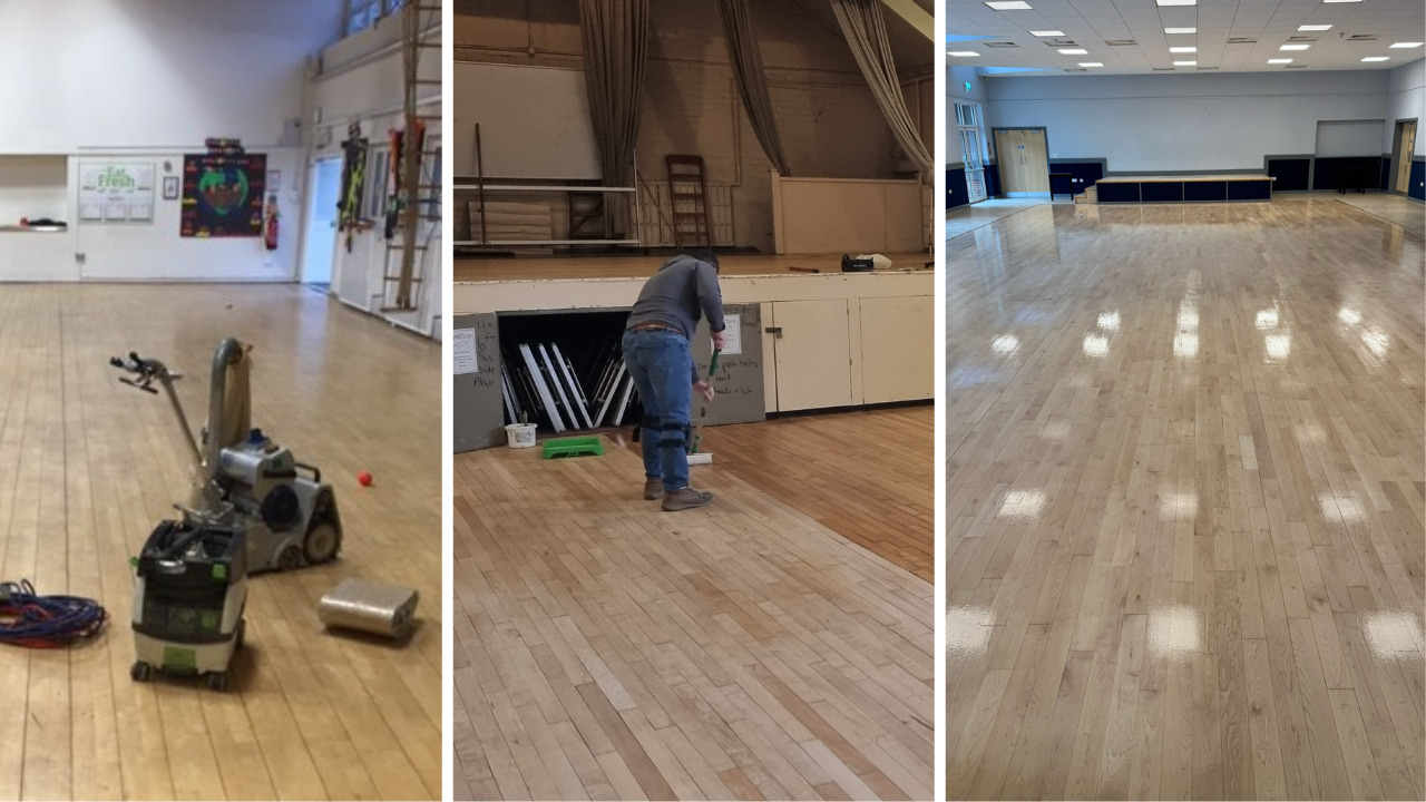 Commercial Floor Sanding in Kent – before, during and after restoration of a maple strip hardwood hall floor, showing sanding, sealing and the final polished finish.