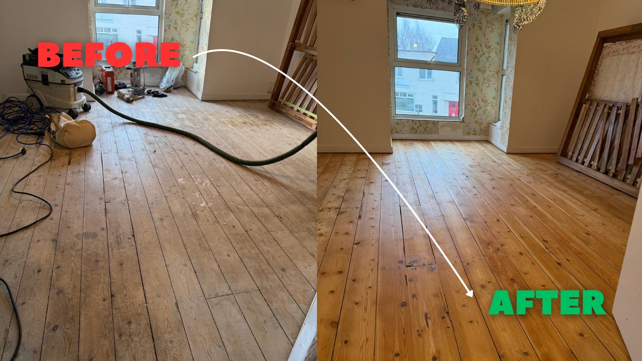Wood Floor Sanding in Kent showing a before-and-after transformation of original pine wood floorboards in a bedroom, from dull and dusty to a smooth honey-toned finish.