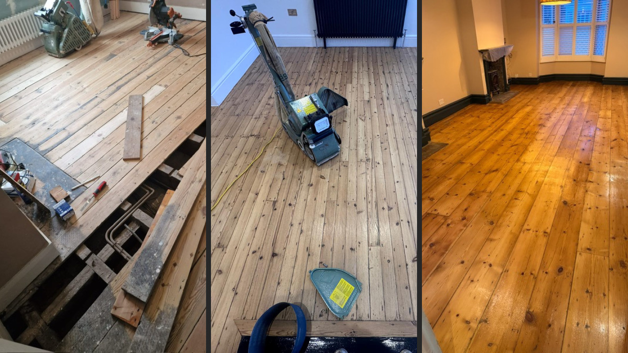 Wood Floor Sanding in Kent on original solid pine floorboards, showing repair work, drum sanding and a fully restored living room floor.