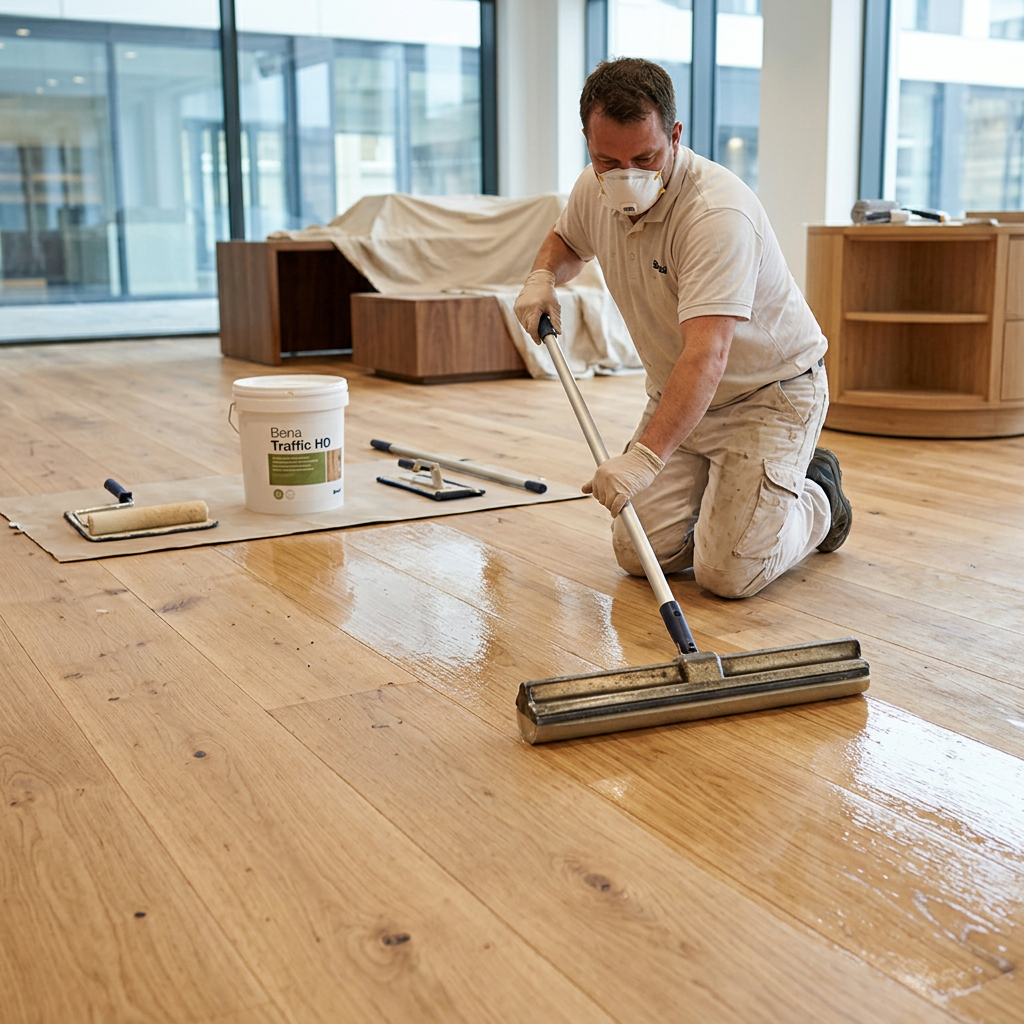 A tradesman using a professional T-bar applicator to apply a coat of high-performance Bona Traffic HD lacquer to a wide-plank commercial timber floor.