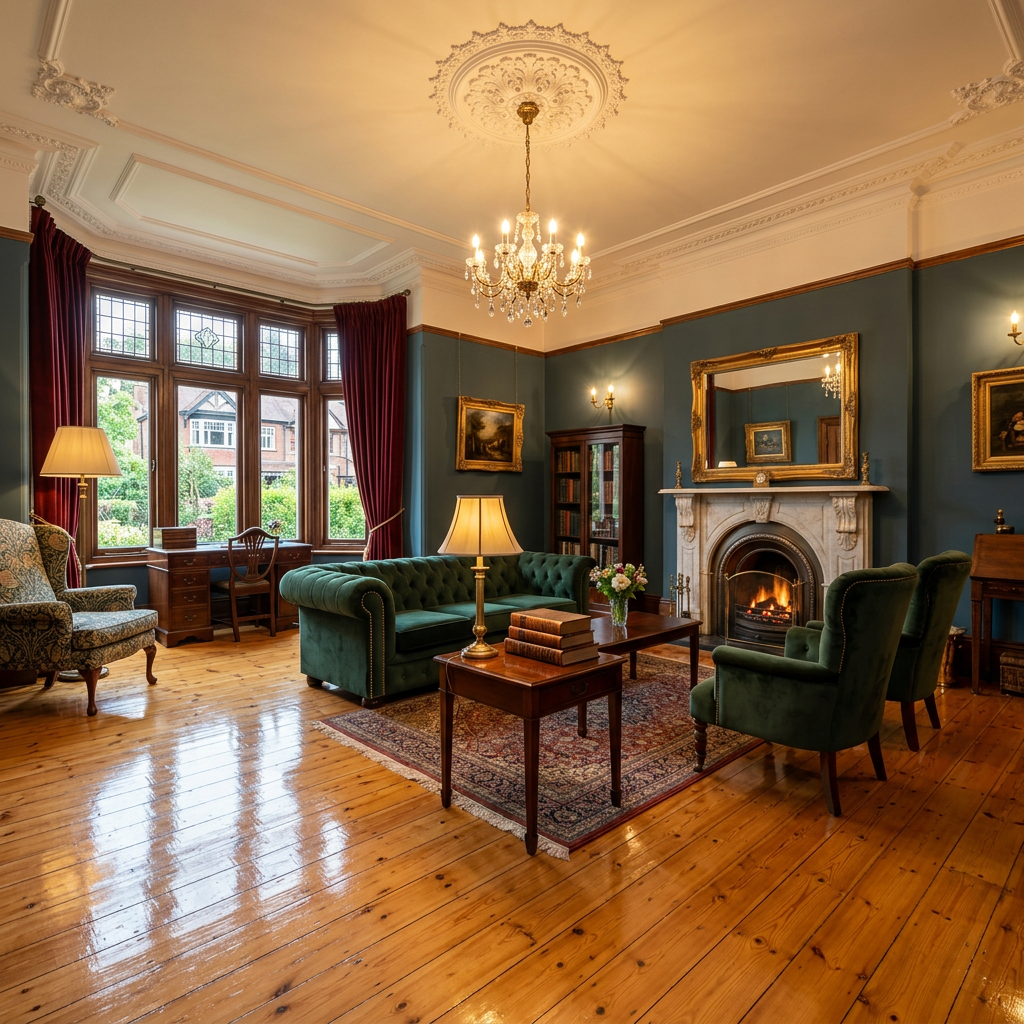 A wide-angle interior design shot of a finished Victorian living room with restored honey-toned pine floorboards and heritage décor.