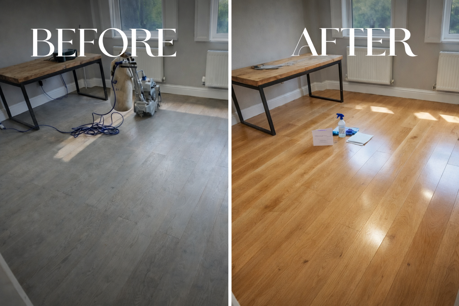 Kent floor sanding before and after image showing professional wood floor sanding and refinishing in Kent