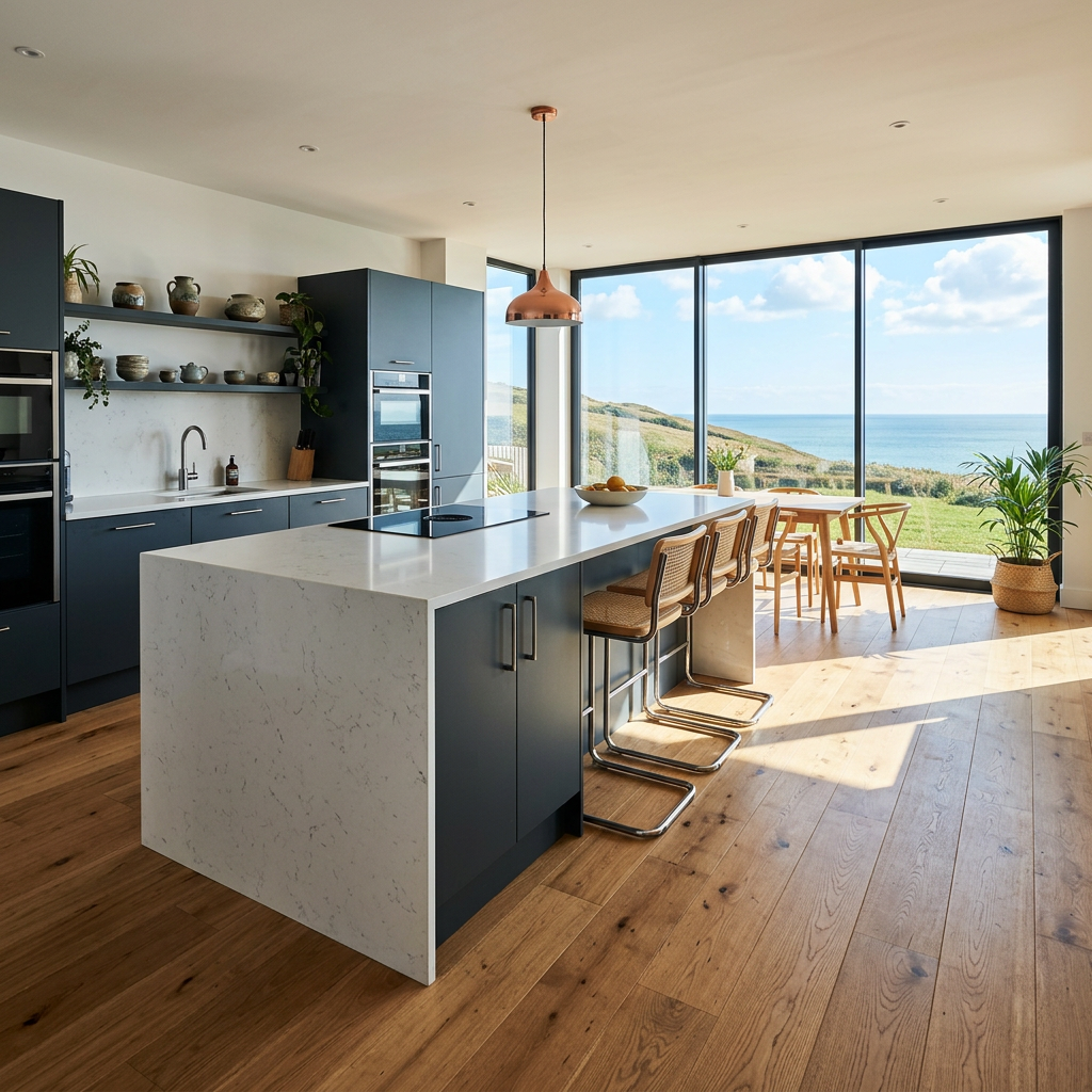 A high-contrast interior design shot of a modern open-plan kitchen in a Sussex coastal home featuring beautifully finished engineered oak flooring.
