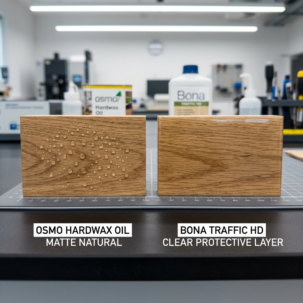 A technical comparison shot of two timber samples: one with Osmo Hardwax Oil showing water beading, the other with Bona Traffic HD protective layer.
