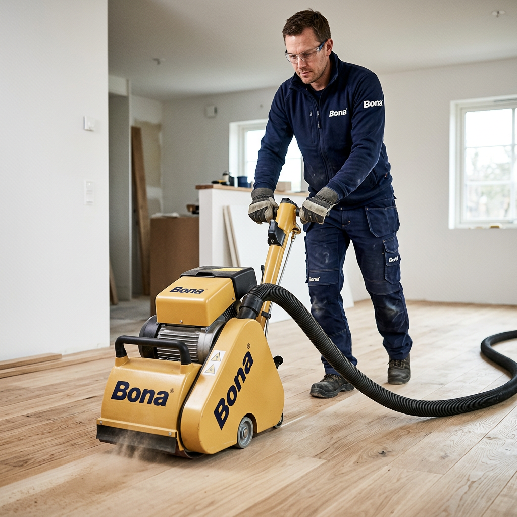 A professional tradesman using a Bona Belt drum sander to restore a timber floor, showing the dust-free sanding process.