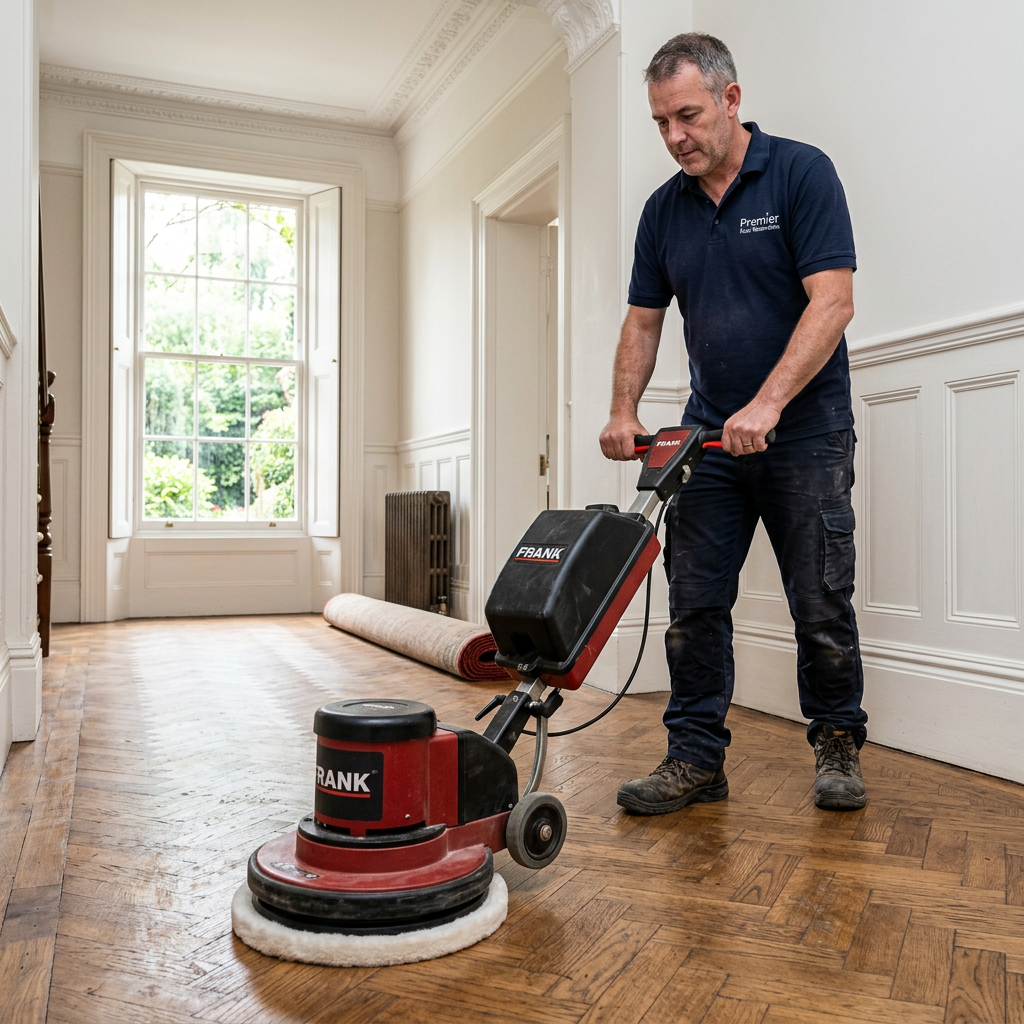 A professional tradesman operating a Frank Spider rotary buffing machine with a white pad on a high-traffic timber floor.