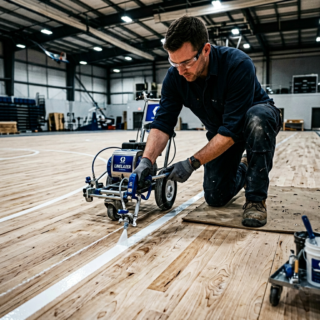 A detailed close-up of a specialist applying precise court markings on a freshly sanded maple sports hall floor.