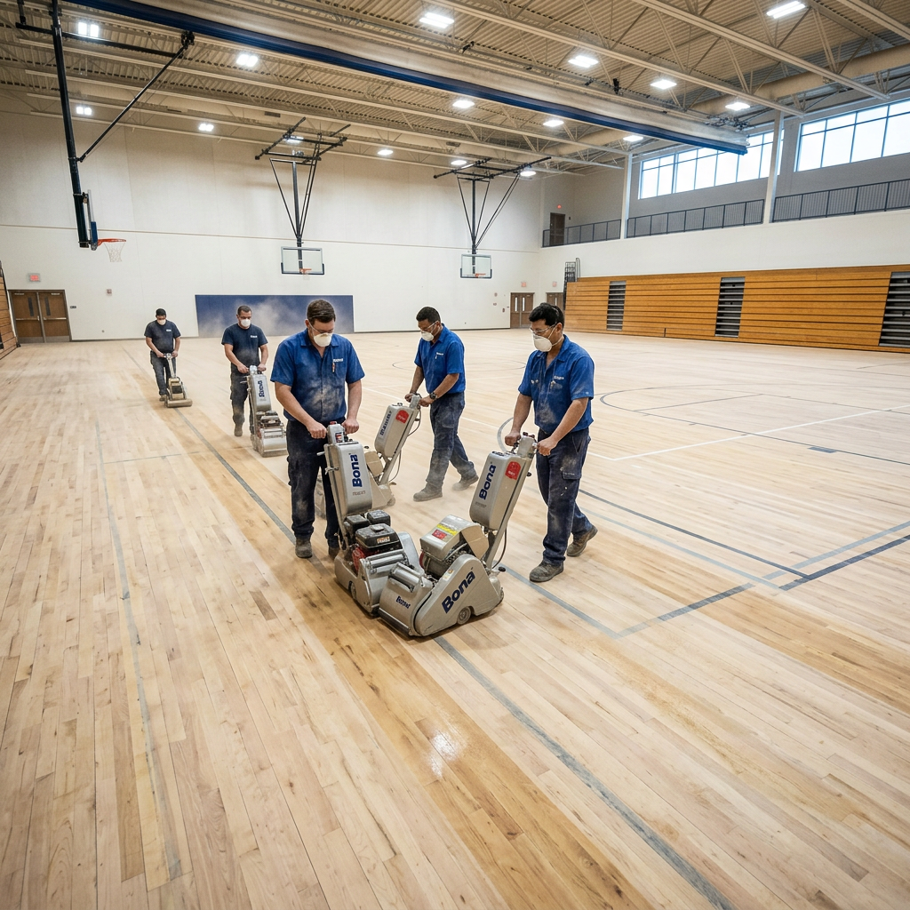 A wide-angle shot showing the scale of a massive school sports hall timber floor being sanded by a team of professionals with Bona belt sanders.