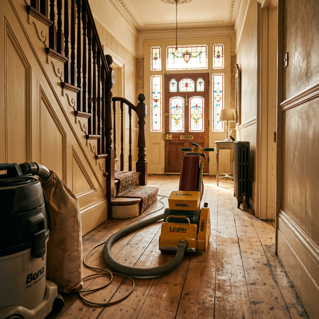 A professional dust-free wood floor sanding setup in a grand Victorian urban townhouse hallway using a Lagler Hummel belt sander on original pine floorboards.