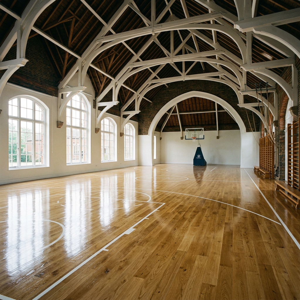 Wide-angle shot of a high-gloss Bona Traffic HD finish on a sports hall floor in Kent.