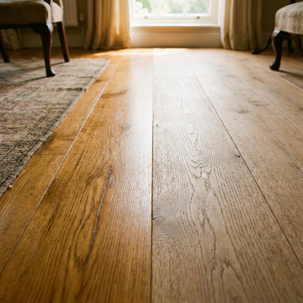 Close-up architectural shot of high-end oak wood floor in Kent showing oil and water-based finishes.