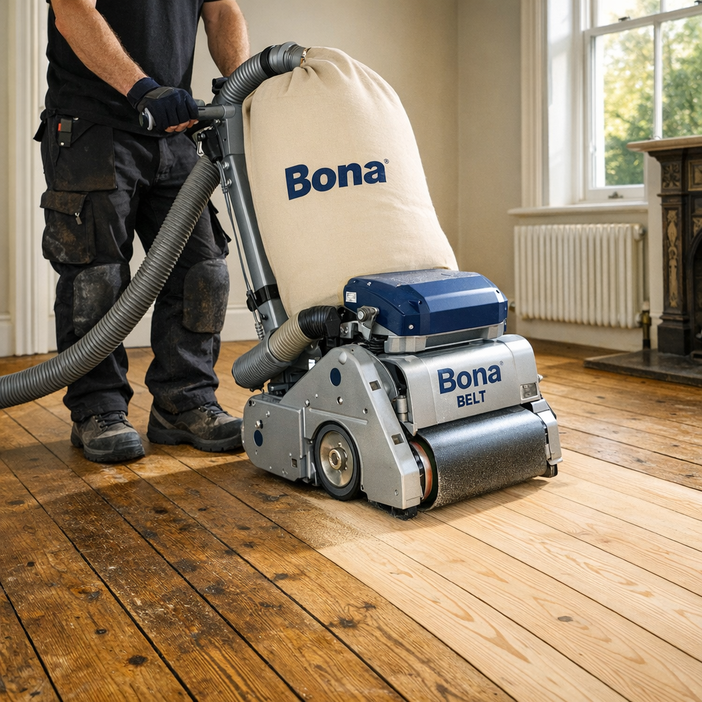 Professional Bona Belt floor sanding machine in action on a Victorian pine floor in a Kent home.