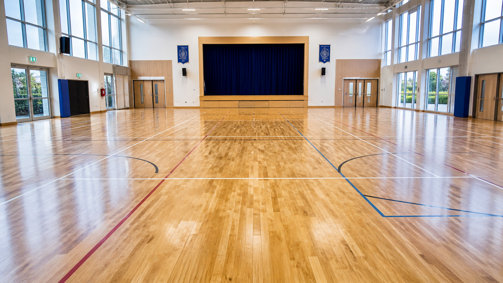 Freshly sanded and polished wooden school hall floor in Kent with sports court markings and natural light