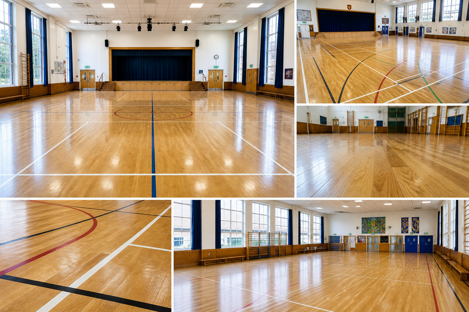 Restored wooden school hall floor in Kent with polished surface and sports court markings in a bright UK school hall