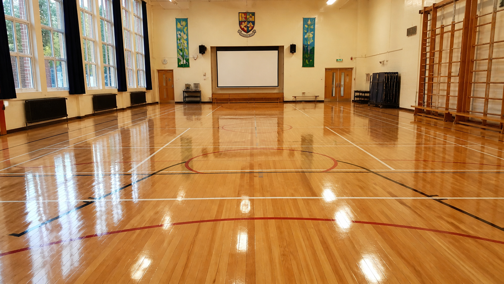 Freshly sanded and lacquered wooden school sports hall floor in Kent with court markings and natural light