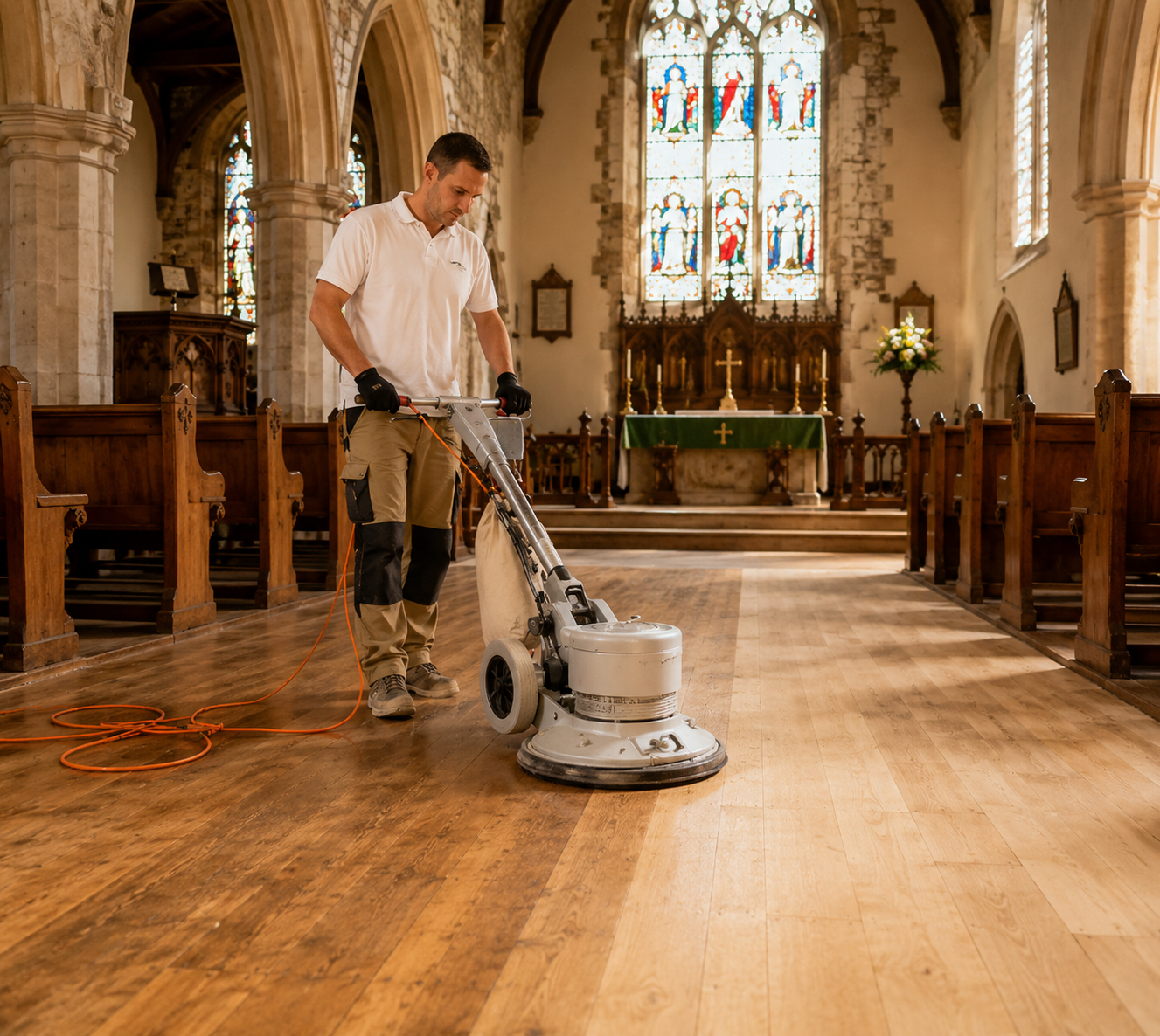 Professional church floor buffing and maintenance in progress inside a historic English church using a commercial rotary floor polishing machine on a restored timber floor.