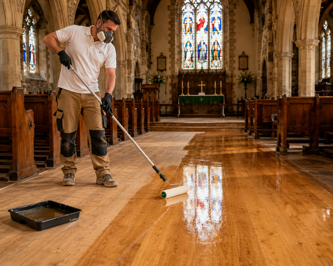 Professional applying lacquer to a restored wooden church floor using a roller inside a historic English church with stained-glass windows and traditional wooden pews.