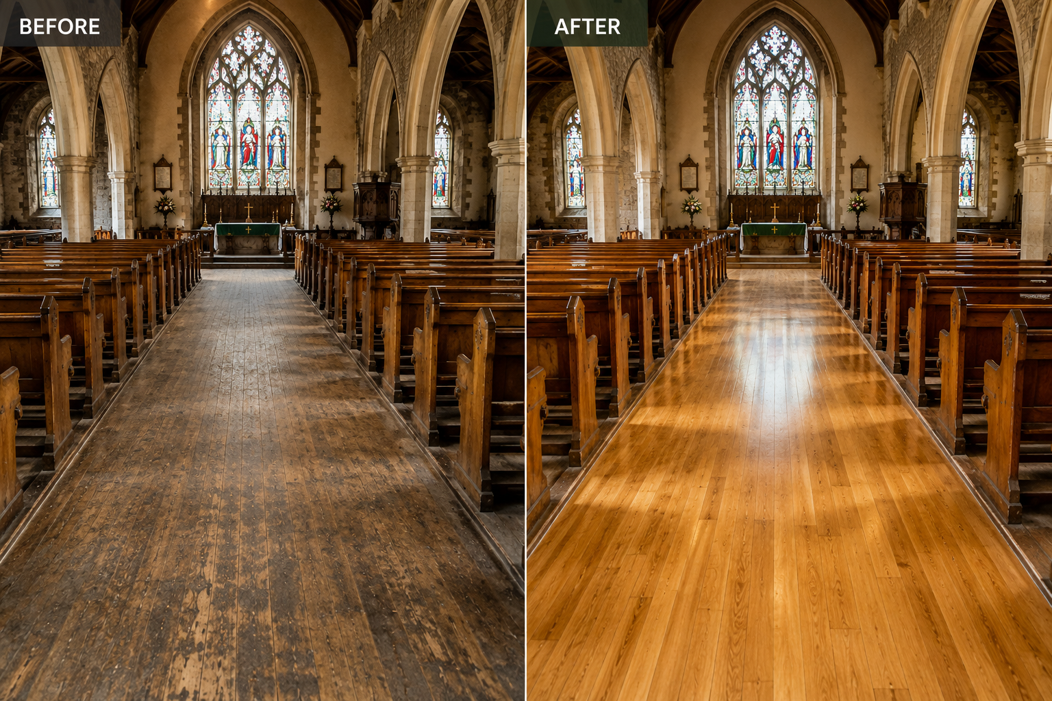 Before and after comparison of a historic church wooden floor restoration, showing a worn timber aisle transformed into a beautifully sanded and refinished floor with a warm satin finish.