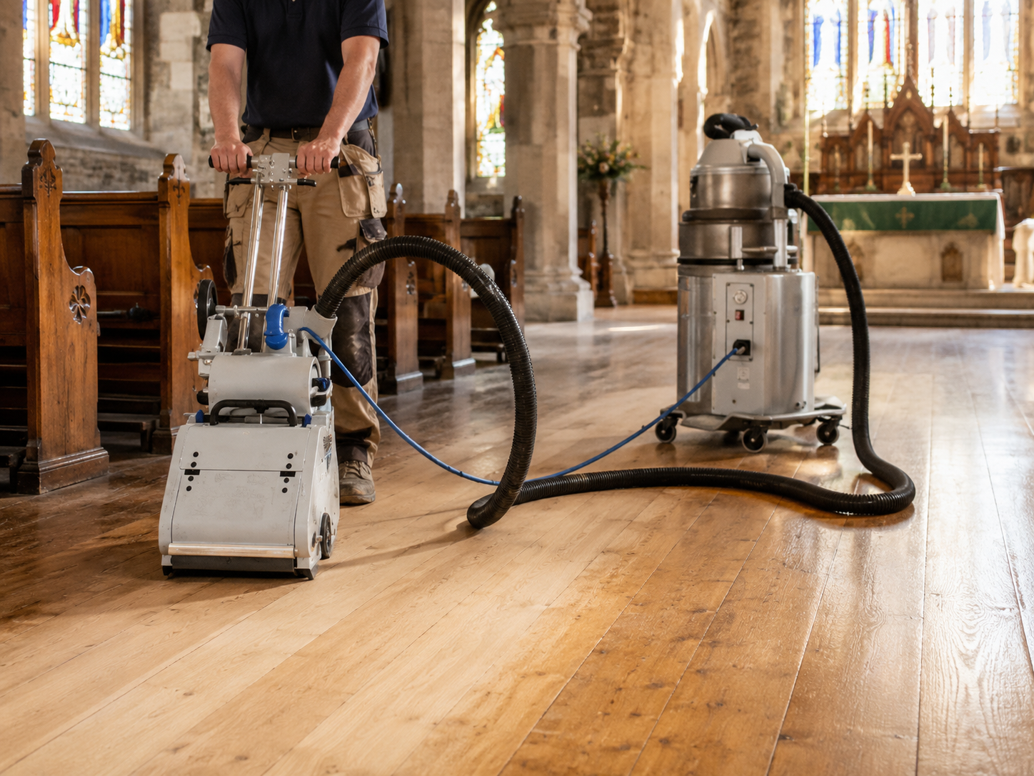 Professional dust-free wood floor sanding in progress inside a historic English church using a commercial belt sanding machine connected to an industrial dust extraction system.