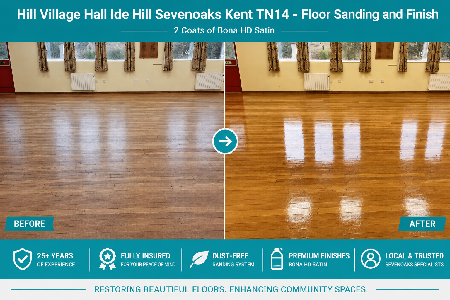 Before and after comparison of a wooden floor restoration at Hill Village Hall, Ide Hill, Sevenoaks, Kent TN14, showing professional floor sanding and a glossy Bona HD Satin finish after two coats.