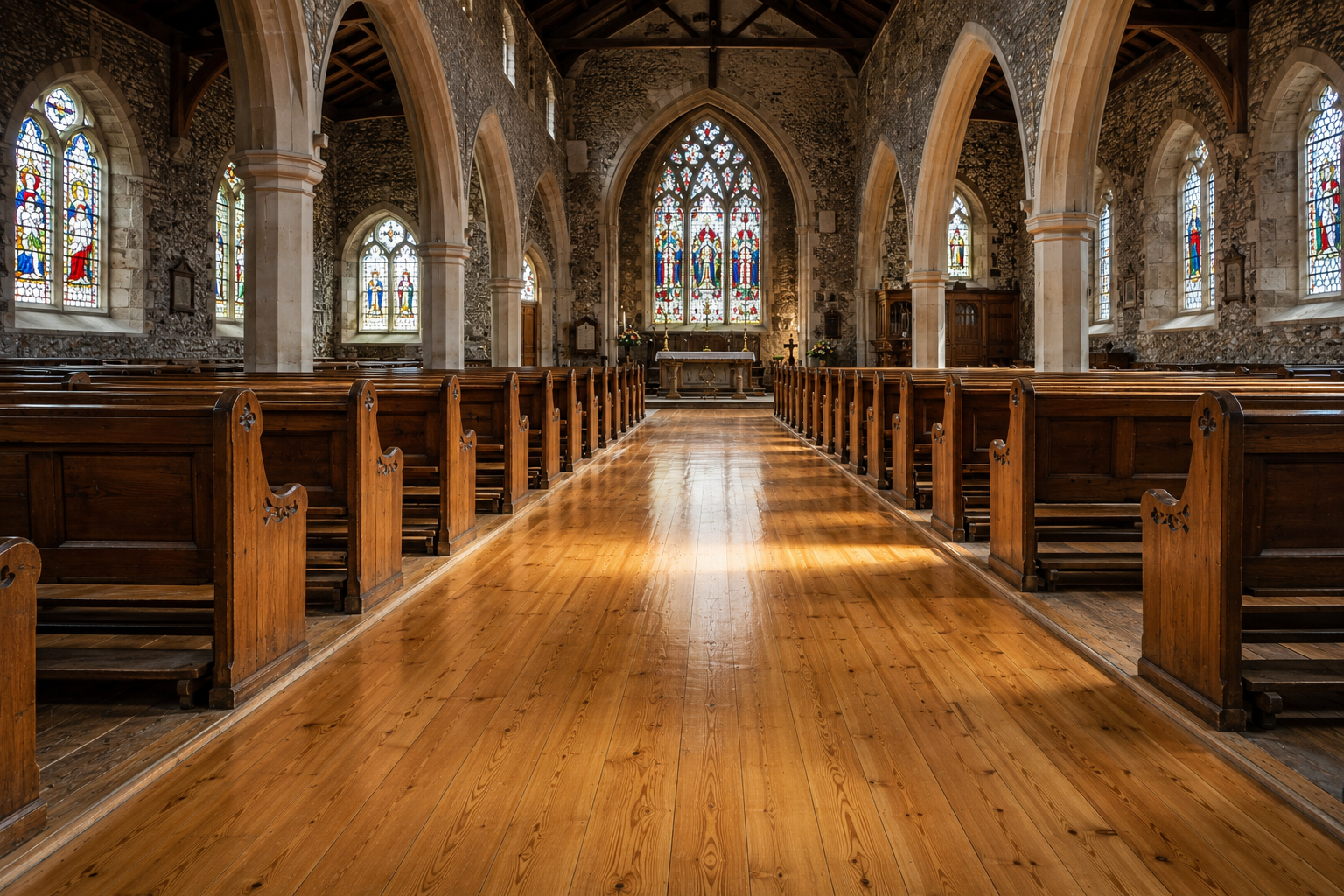 Beautifully restored wooden floor inside a historic English church, featuring a smooth satin finish, traditional timber pews, Gothic stone arches and stained-glass windows.