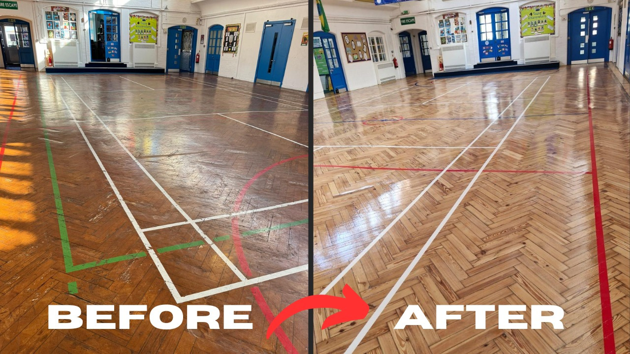 A before-and-after comparison of a school sports hall parquet floor restoration, showing a worn, scratched dark timber floor transformed into a bright, sanded, and freshly lacquered surface with crisp multi-sport line markings.